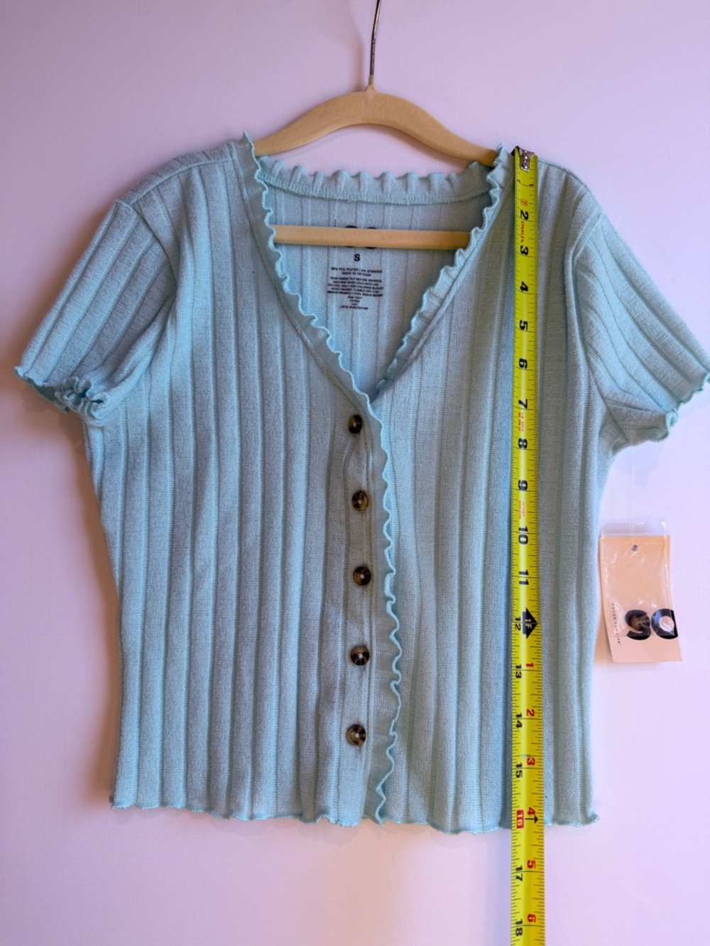 SO Mint Ribbed Ruffle-Trim Button Front Top - Picture 2 of 5